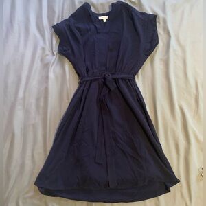 Navy V-Neck A-Line Dress with Waist Tie
